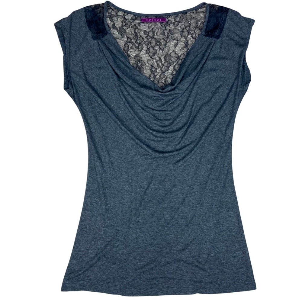 Velvet Sheer Floral Lace Ruched Cowl Neck Top Women Small Grey Whimsigoth Goth